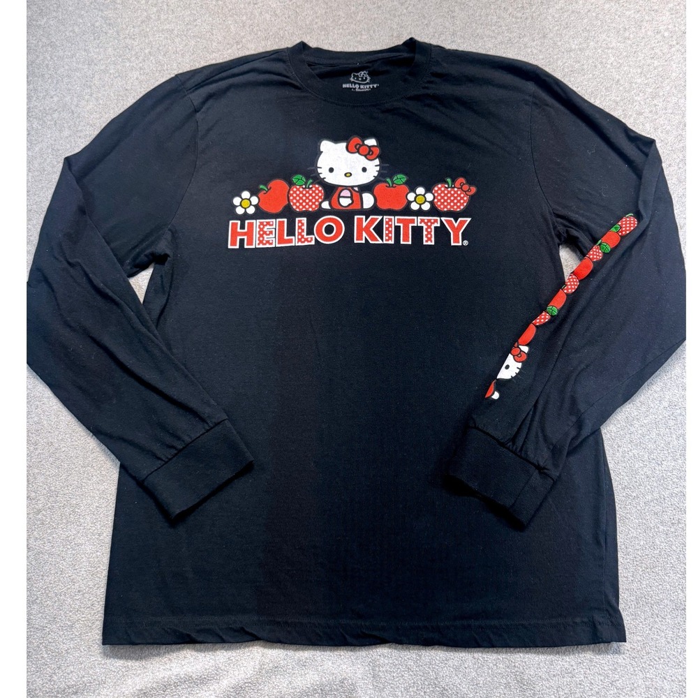 Sanrio Hello Kitty T-Shirt Women L Black Apple Graphic Long Sleeve Tee Retro Y2K
